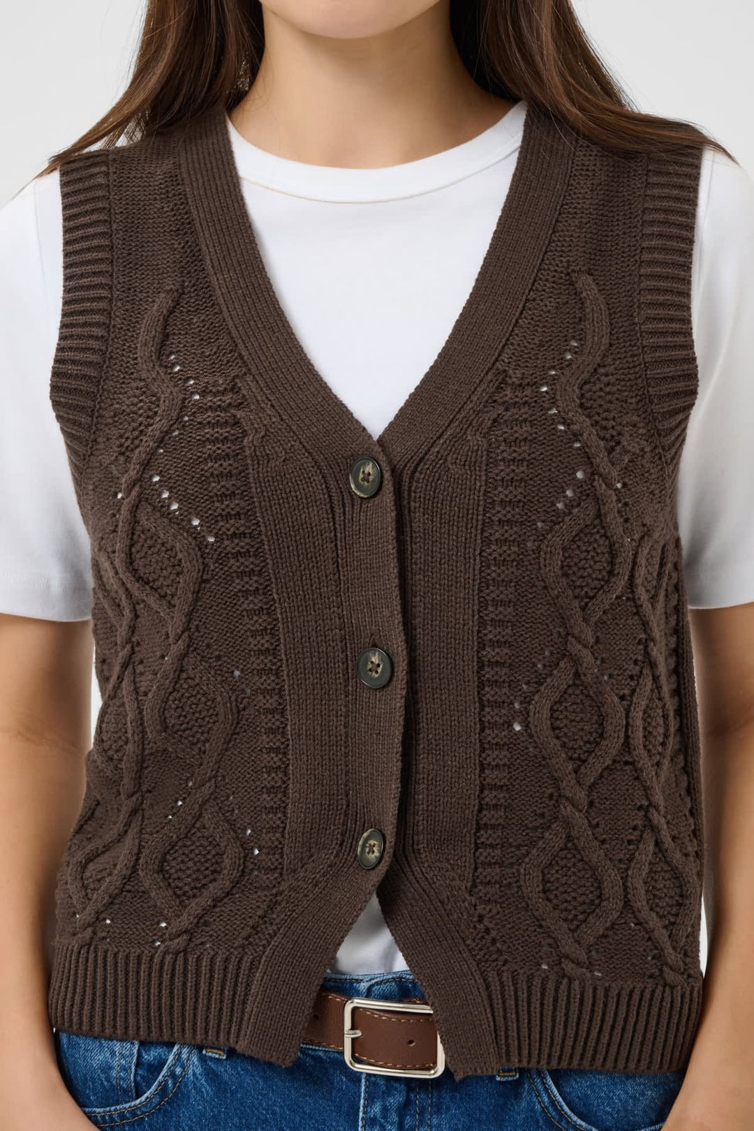 Front view twisted sleeveless jacket Part Two beige with knit details for women - Valérie Simon