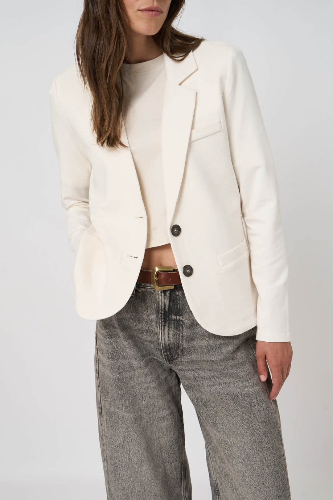 Front view of beige women’s blazer Repeat Cashmere with visible buttons - Valérie Simon