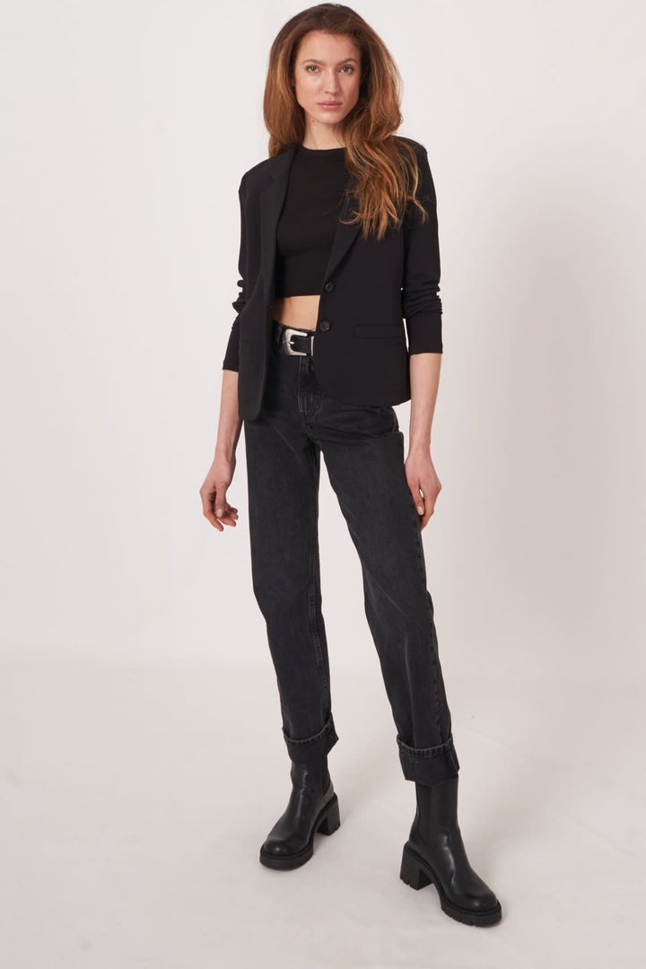 Side view of grey women’s blazer Repeat Cashmere with button detail - Valérie Simon