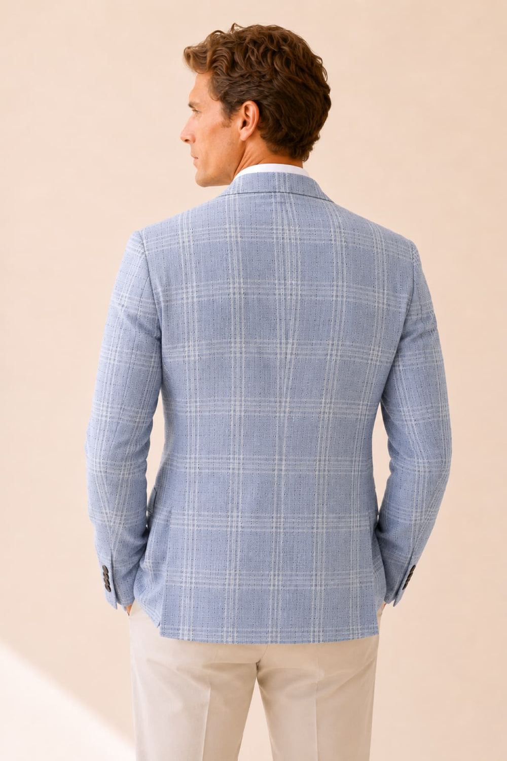 Veston homme à carreaux bleu et lin laine de face, poches et boutons Tagliatore - Valérie Simon