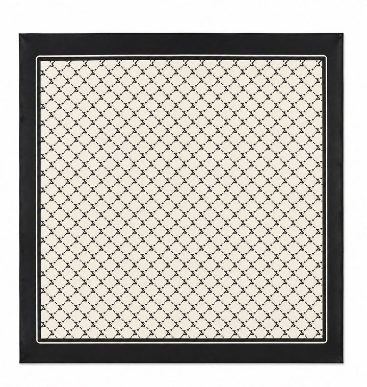 Foulard carré imprimé avec motif graphique all-over et bordure contrastante, 70 x 70 cm, élégant et polyvalent pour styliser différentes tenues.