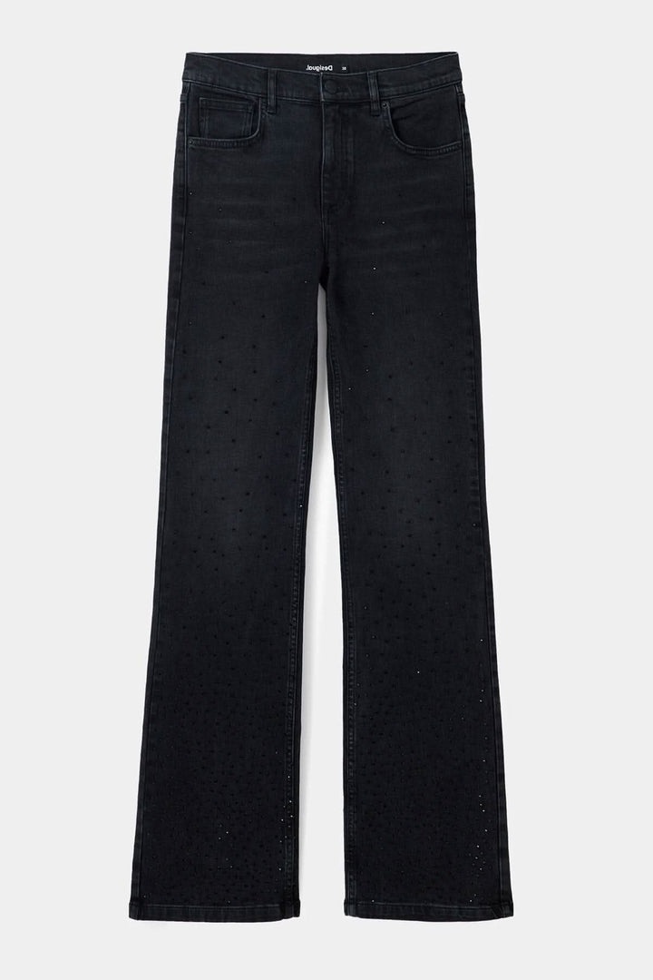 Jean noir taille haute large avec pierres brillantes, poches avant et arrière, tendance et élégant.
