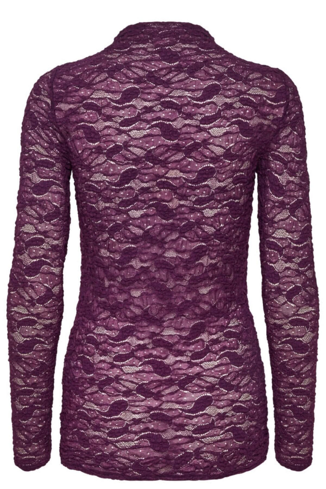 Chandail de dentelle couleur violet avec col ajouré et manches longues pour un look féminin et romantique.