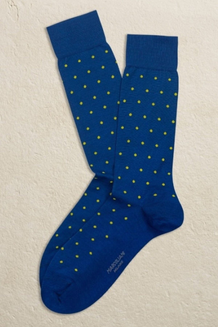 Chaussettes Marcoliani bleues avec pois verts, 72% coton et 28% polyester, fabriquées en Italie.