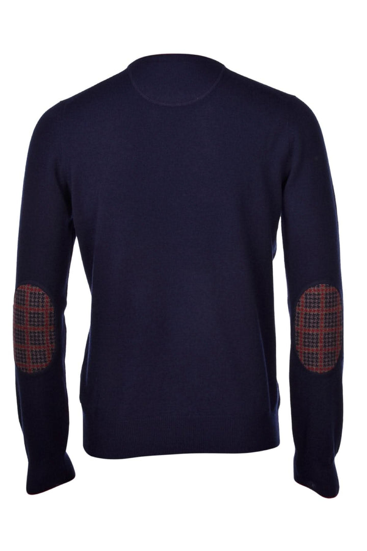 Pull en cachemire bleu marine avec patchs en tweed aux coudes, coupe semi-ajustée, fabriqué en Italie.