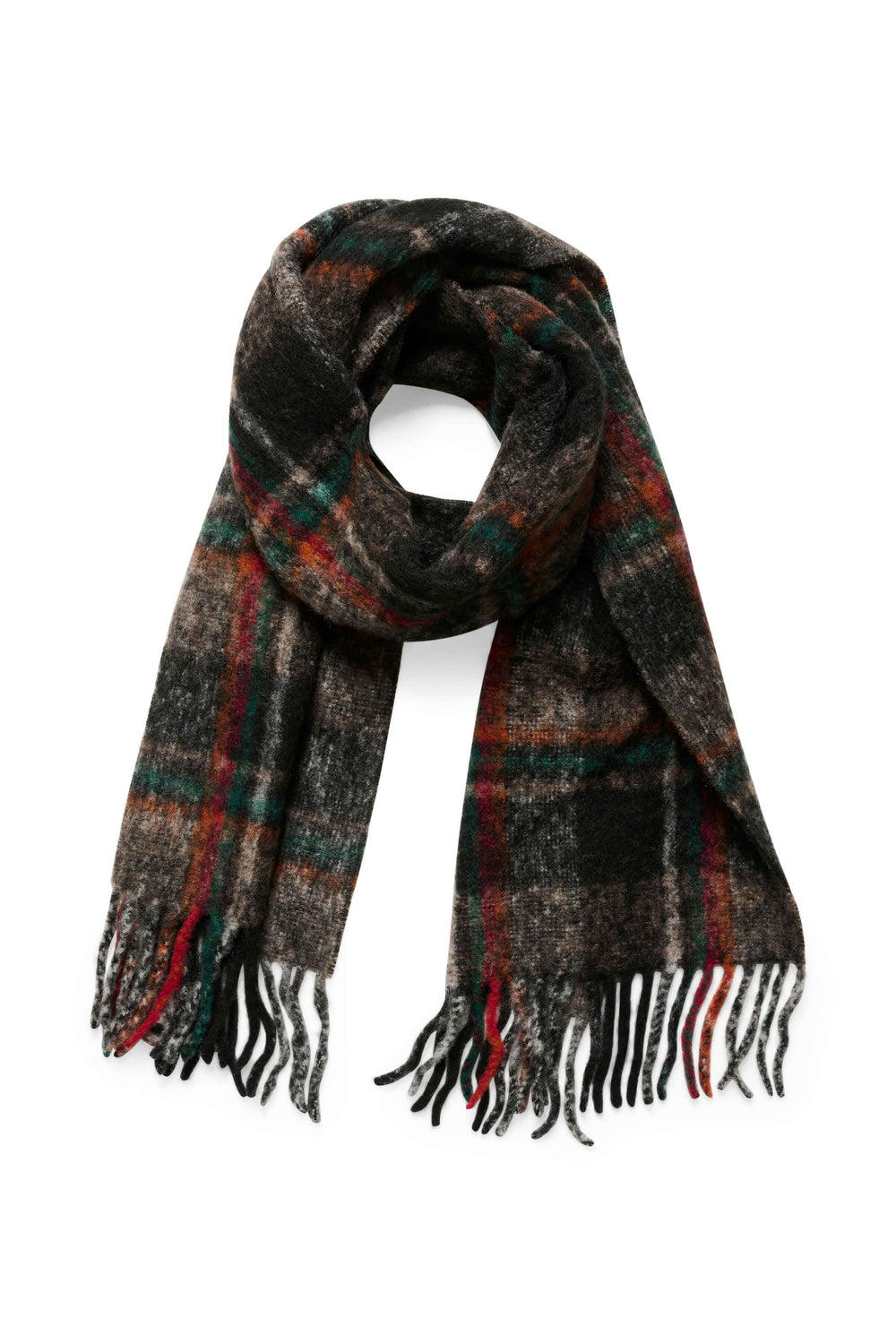 Foulard Cumo à carreaux en mélange de laine et d'alpaga, avec franges et couleurs chaudes.