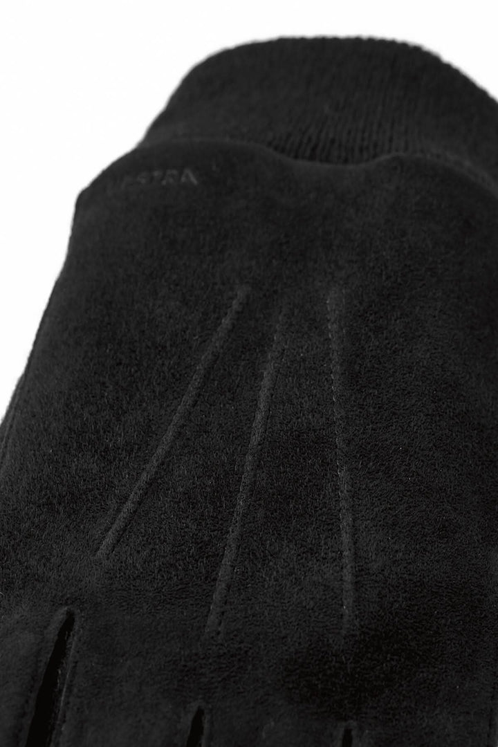 Gants en daim de mouton noir avec tricot côtelé, couture soignée, élégant et confortable pour hommes.