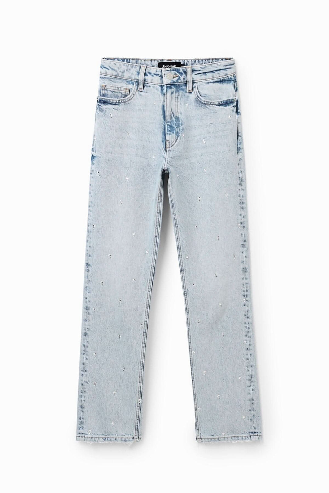 Jean droit à strass en denim bleu clair avec finition usée et appliqué en strass sur l&