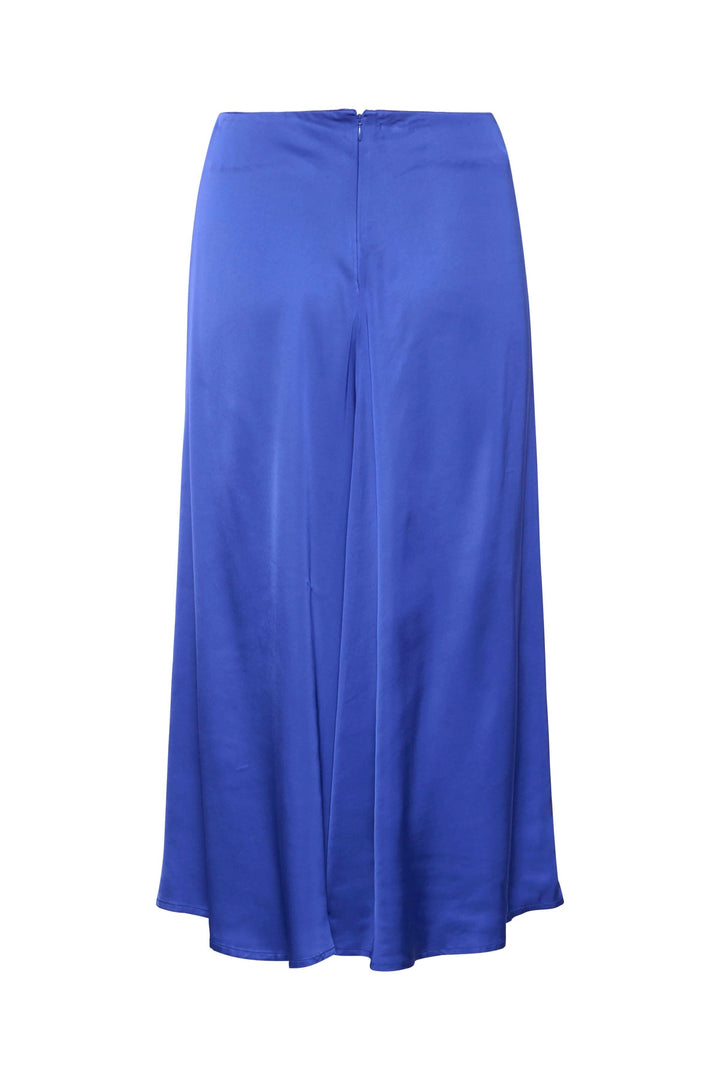 Jupe longue en viscose bleu, coupe A, avec fermeture éclair invisible, idéale pour un look élégant.