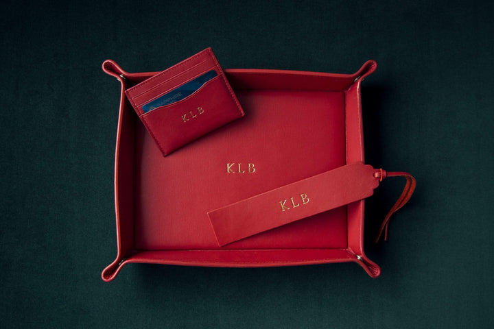 Handmade red leather bookmark and cardholder monogrammed with initials &