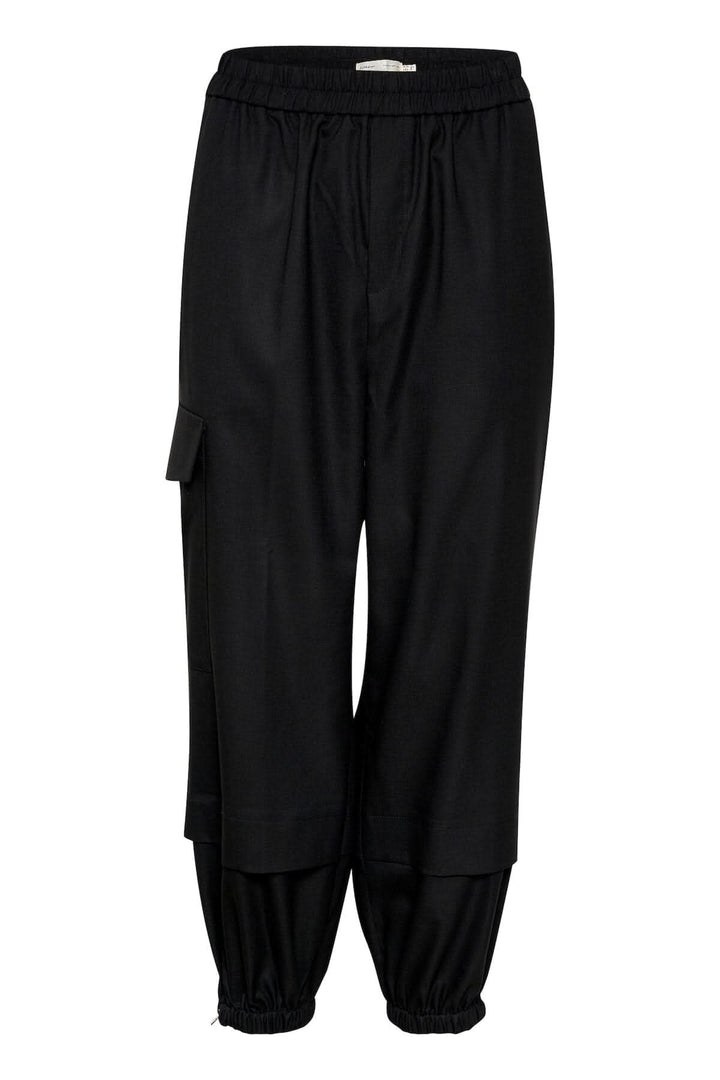 Pantalon cargo noir avec taille élastique et poches, coupe décontractée, longueur cheville.