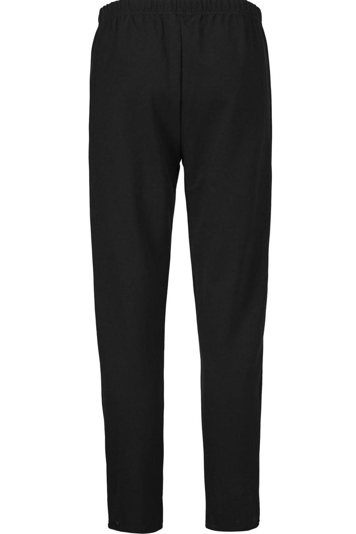 Pantalon en jersey noir ajusté avec taille élastique et poches zippées, vue arrière.