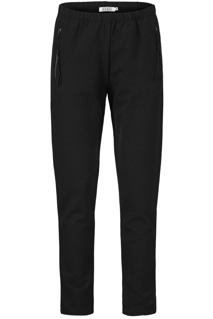 Pantalon en jersey noir ajusté avec élastique à la taille et poches zippées, idéal pour un style décontracté et élégant.