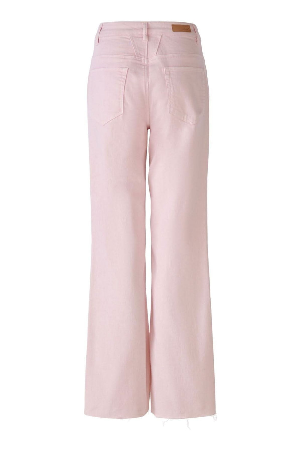 Pantalon jambe évasée rose pâle vue arrière avec poches, taille haute et coupe tendance.