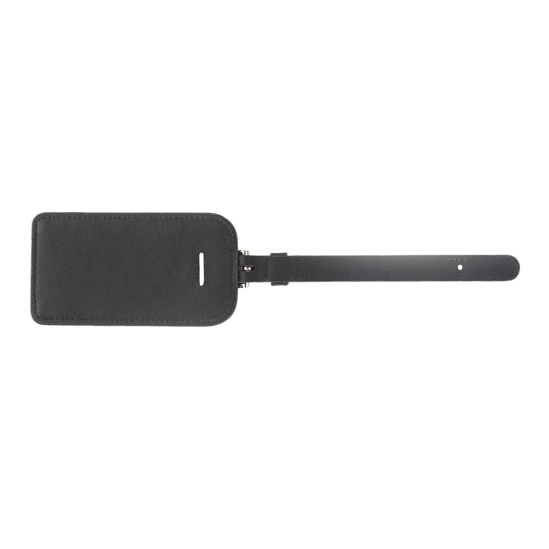 Étiquette à bagages en cuir noir avec une sangle ajustable, élégante et pratique pour vos voyages.