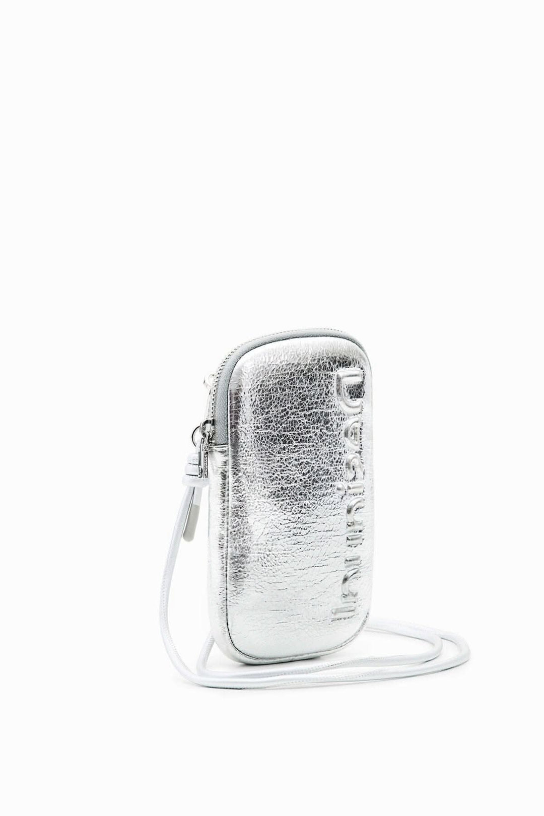 Porte-smartphone portefeuille argenté en tissu effet cuir avec logo et ganse amovible.