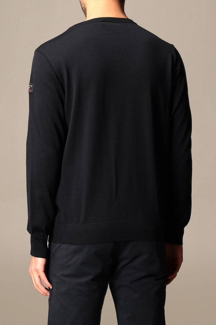 Pull en laine à col en V noir avec logo Paul &amp; Shark, vue arrière, idéal pour la protection thermique.
