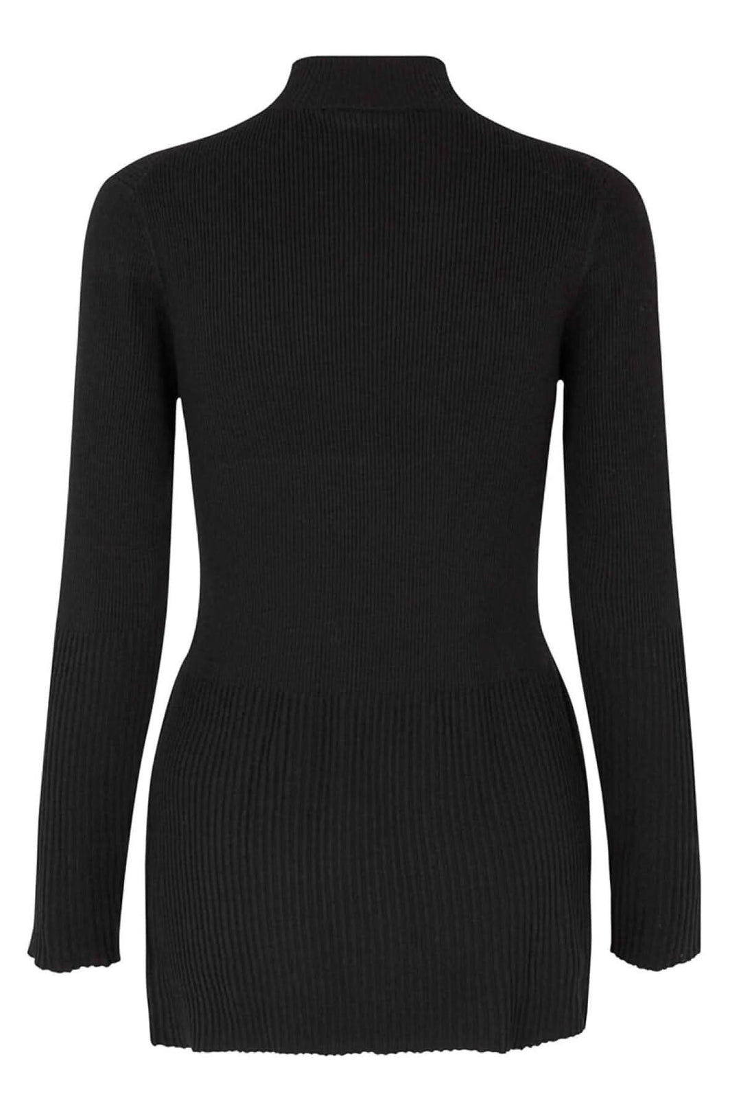 Pull tunique côtelé noir, col roulé, dos avec bord-côte, silhouette classique et confortable.