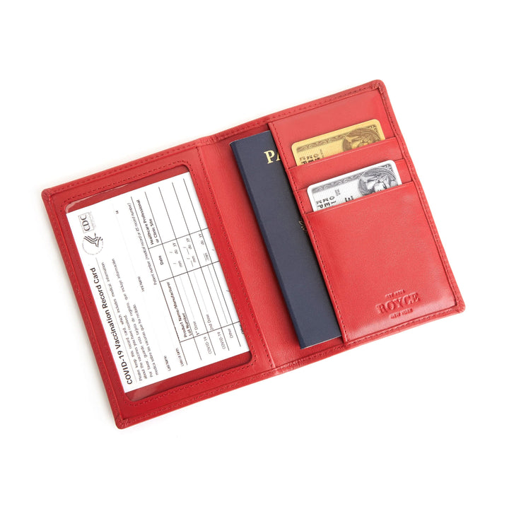 RFID blocking red passport wallet with vaccine card holder and ID slots, designed for secure storage of documents.