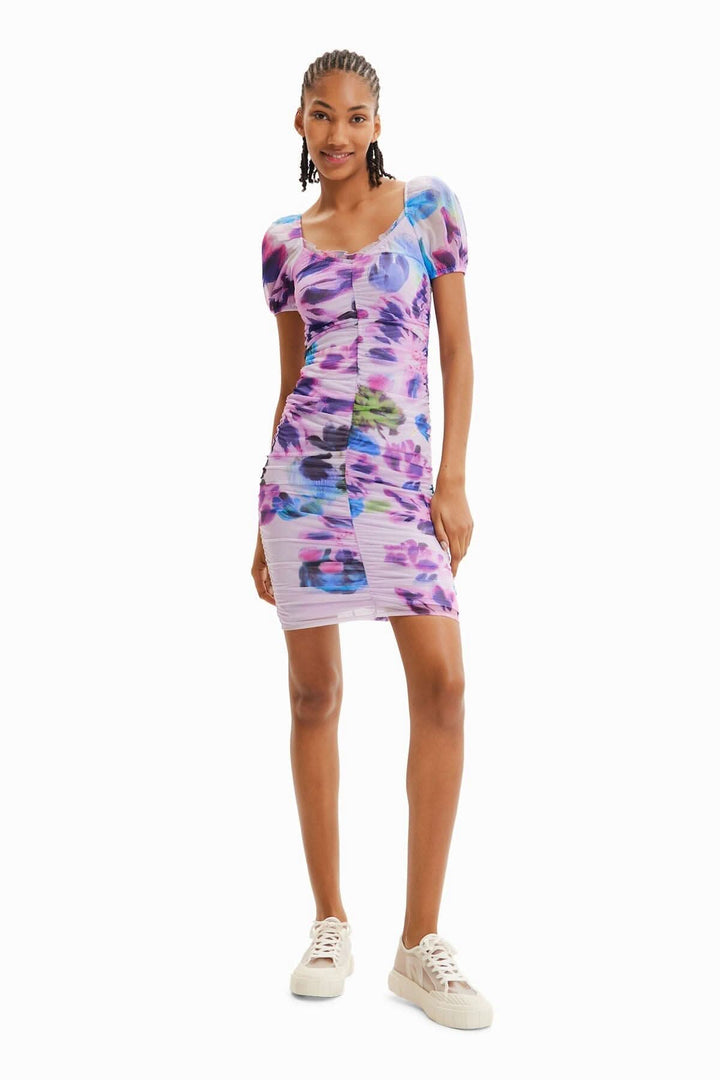 Robe courte froncée M. Christian Lacroix à imprimé floral aquarelle, manches courtes bouffantes, parfaite pour le printemps.
