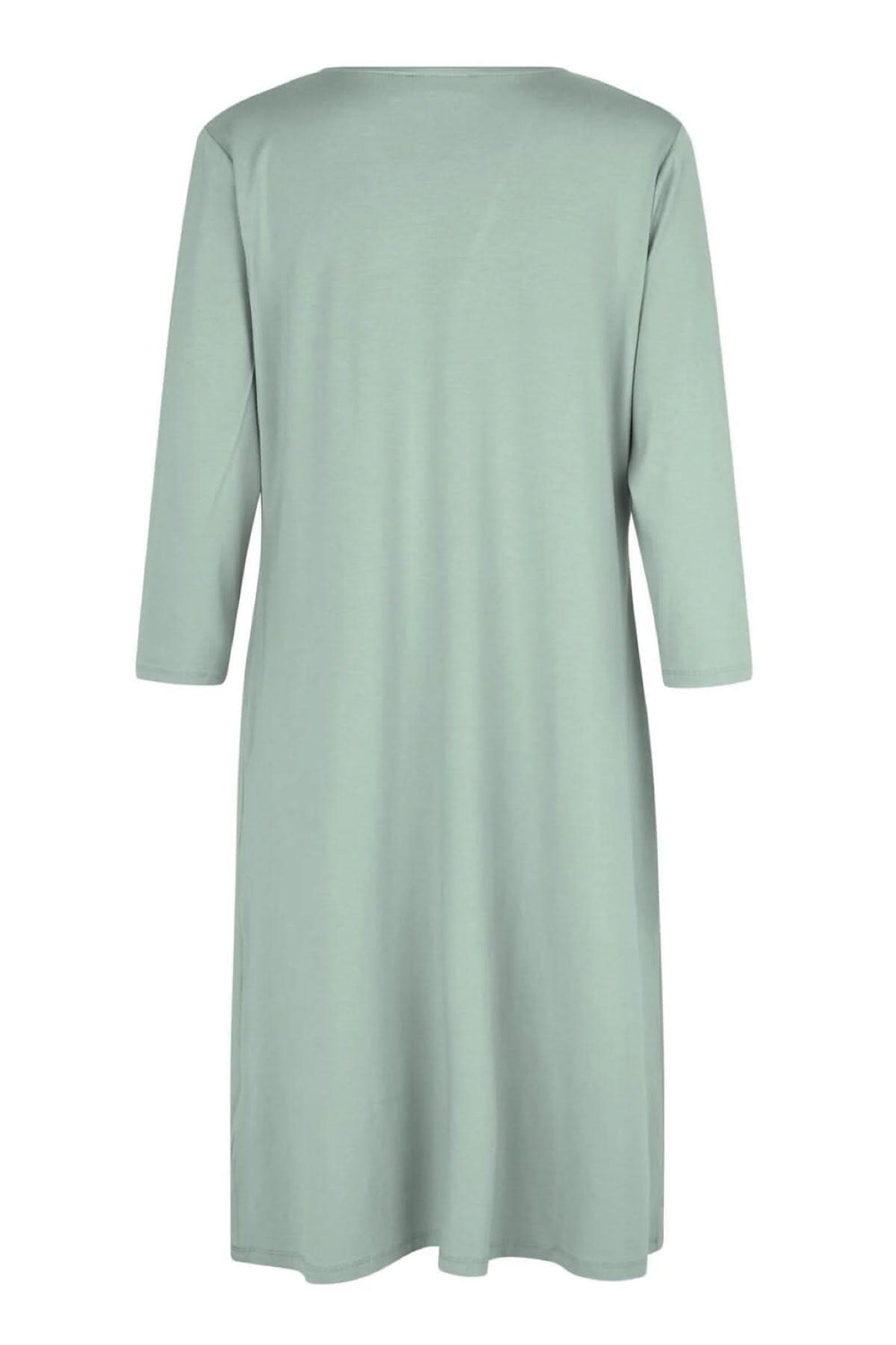 Robe Nibi en jersey vert menthe, vue de dos, avec manches trois-quarts et coupe légèrement ajustée.