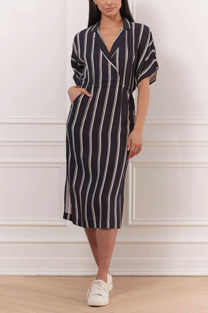 Robe portefeuille rayée en cupro, col en V, poches, élastique à la taille, style décontracté, confort d&