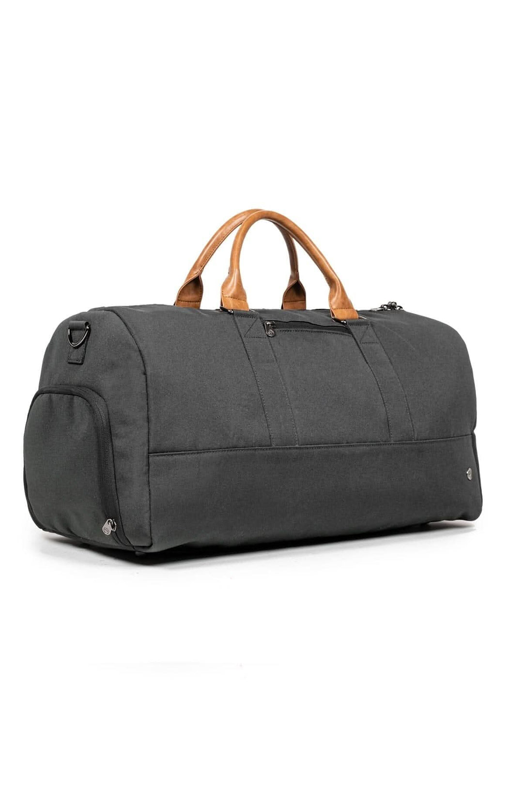 Sac de sport recyclé 42L en polyester noir avec anses en cuir marron.