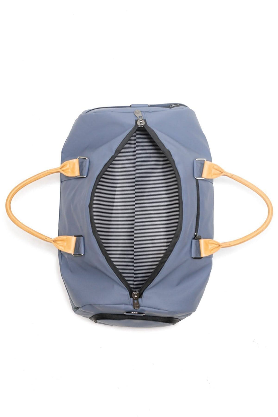 Sac de sport recyclé 42L, vue de dessus, couleur bleue avec poignées en cuir, intérieur noir.