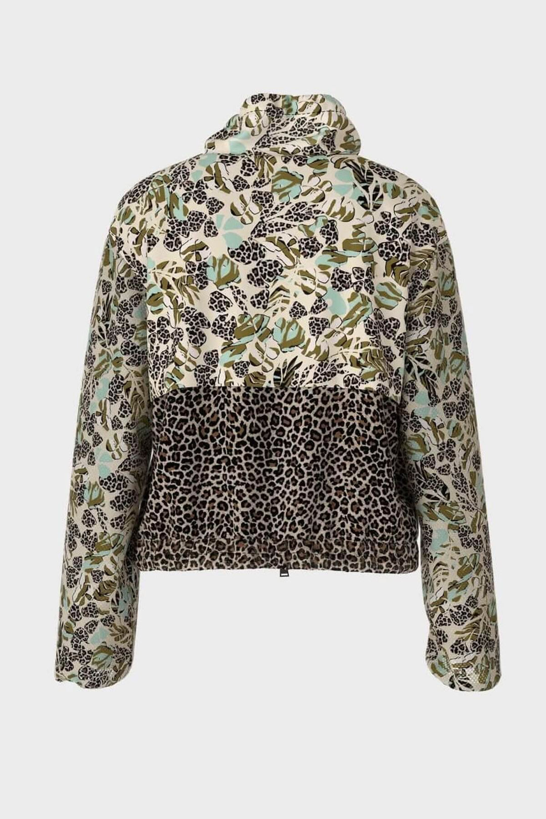 Veste féminine zippée à motifs patchwork avec imprimé léopard et feuillage, arrière élégant.