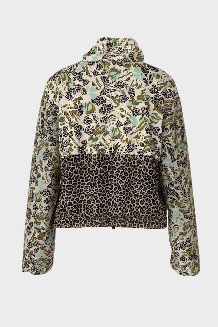 Veste féminine zippée à motifs patchwork avec imprimé léopard et feuillage, arrière élégant.
